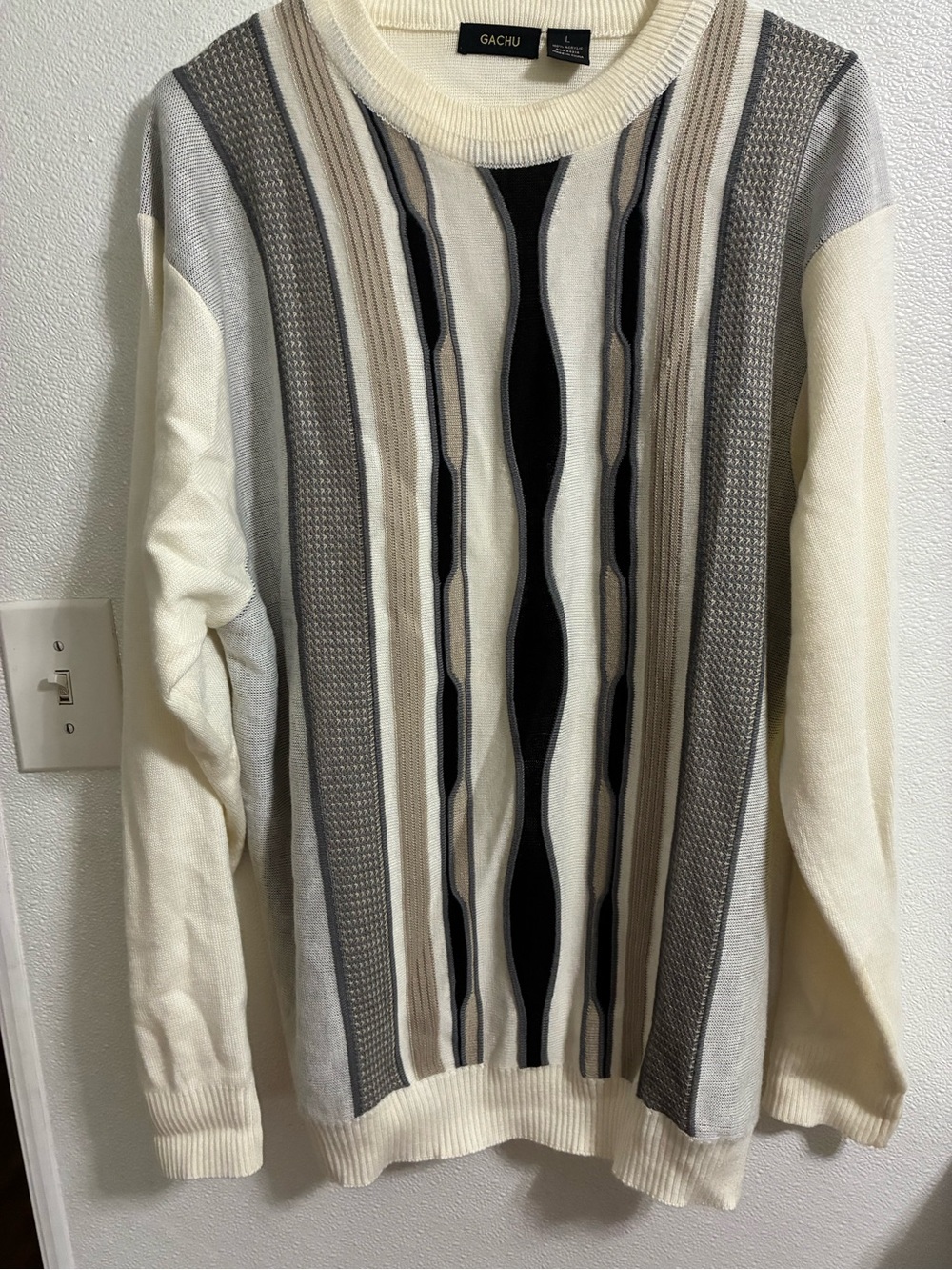 Vintage Gachu Men's Cream Crewneck Sweater with Gray & Black Stripe Panel L